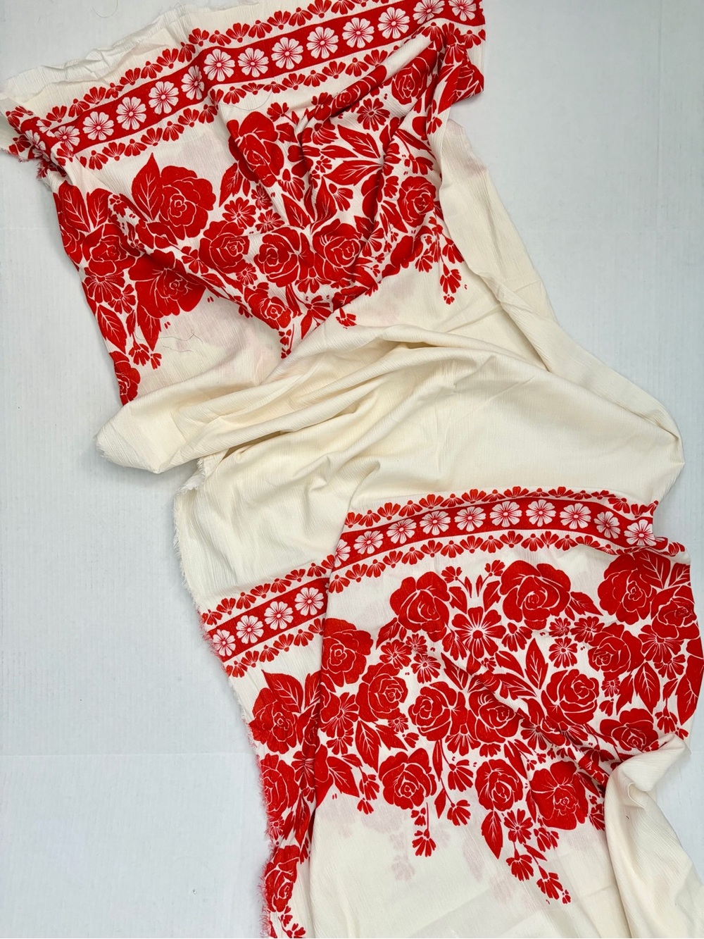 Red and white border print cotton gauze fabric, 2 yards.